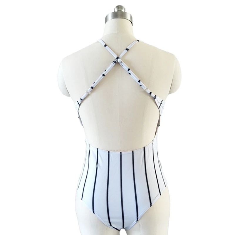 

Women Bikini Set One-Piece Lace V Neck Striped Swimwear Lady Wire Free Padded Bra Swimsuit Beach Bathing Suit Monokini