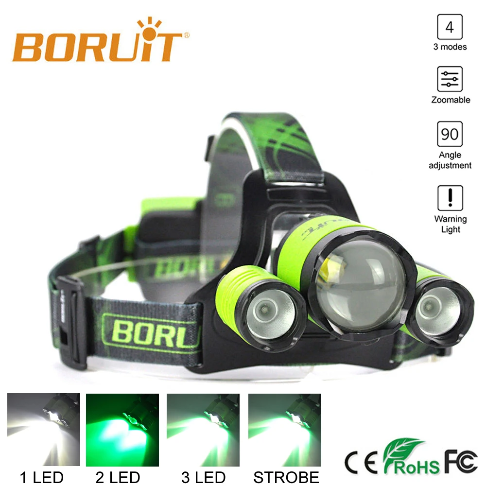 BORUIT B22 Перезаряжаемые светодиодный Масштабируемые Фары L2+ 2X XPE зеленый фара Micro USB фар Факел Рыбалка головного света Водонепроницаемый