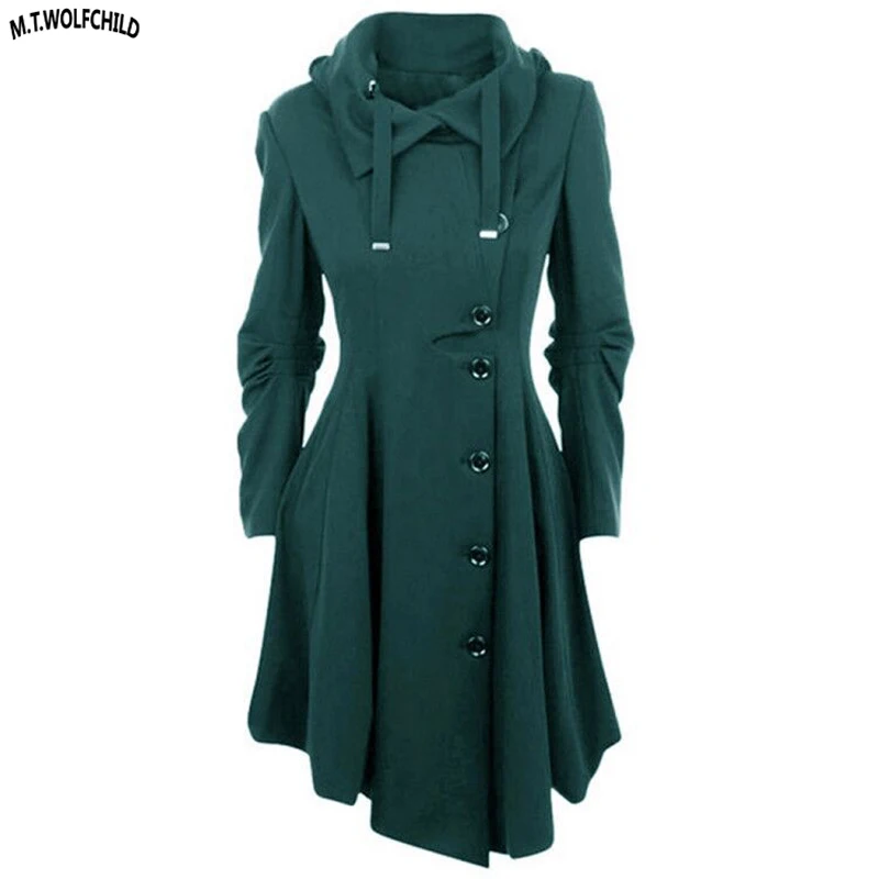 Женский шерстяной Тренч с капюшоном повседневная верхняя одежда в готическом