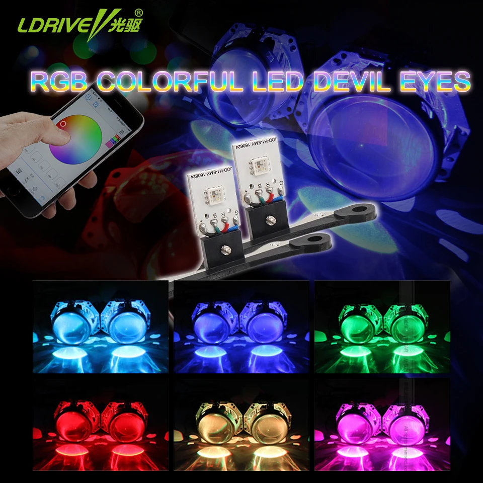 LDRIVE 2PC High Grade 6colors RGB LED Angel Eyes APP Control Demon Halo Rings Devil Eye Car Headlights Projector Lens | Автомобили и