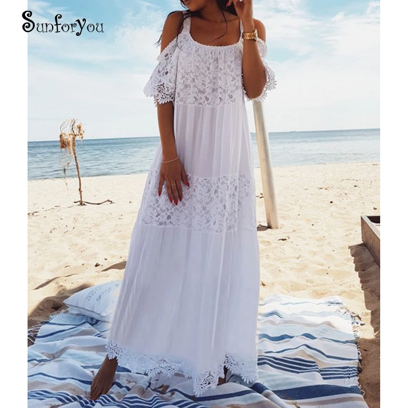Новая кружевная хлопковая длинная Пляжная накидка Saida de Praia Sarong Vestido Плайя бикини накидка Макси Пляжные Платья Туника для пляжа