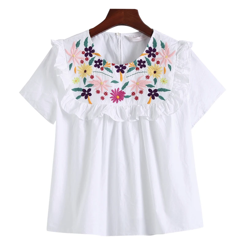 Летние цветочные вышивки Плиссированные Трепал рубашка короткий рукав блузка
