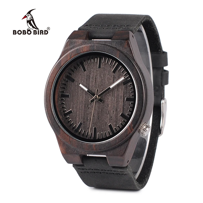 

BOBO BIRD Ebony Men Watches CbB12 With Leather Strap Japanese Movement Quartz with Silver Hands Uomo Orologio in Gift Box