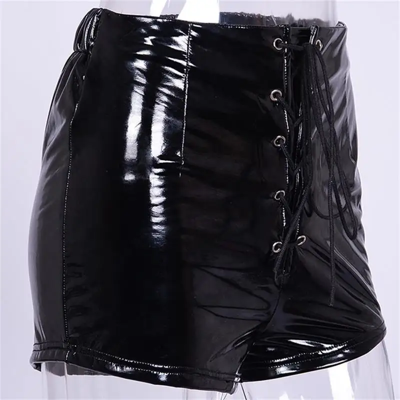 black InstaHot Lace Up Elastic Waist Pu Leather Shorts Summer Black Red Sexy Fashion Tie Up Shorts Streetwear Club Clothing Lady - Цвет: black