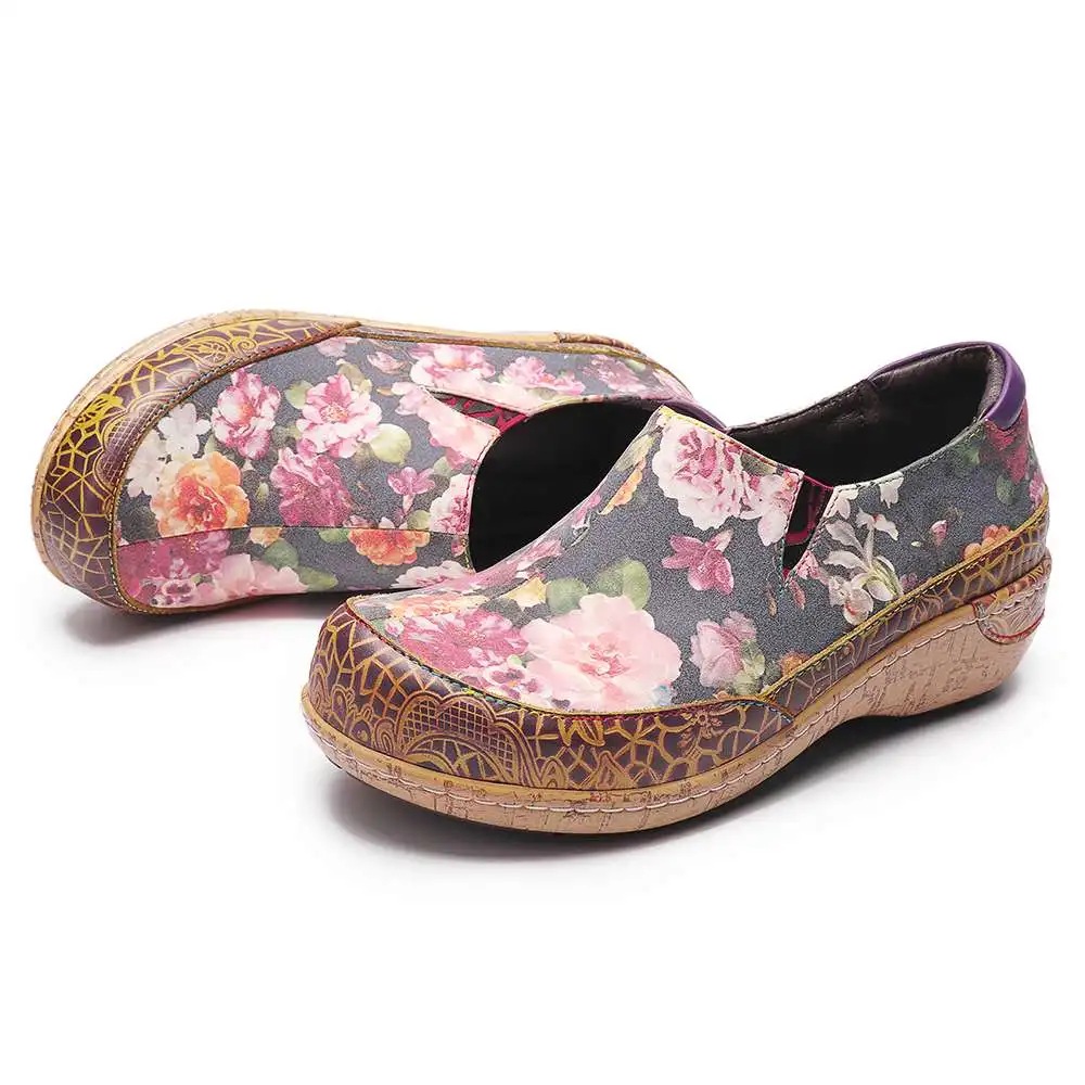 Женские кожаные туфли SOCOFY черные на плоской подошве с цветком в стиле ретро