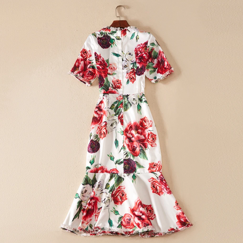 2018 Autumn Pretty Rose Print Mermaid Dress Women High Quality Short Sleeve O_neck Mid-Calf Length Slim Floral | Женская одежда