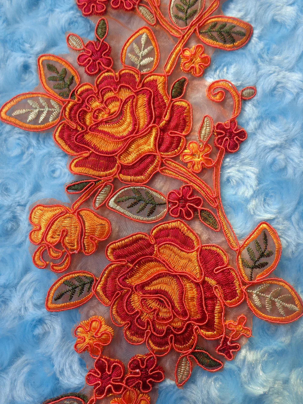 Пришивная разноцветная кружевная аппликация оранжевая/зеленая водорастворимая