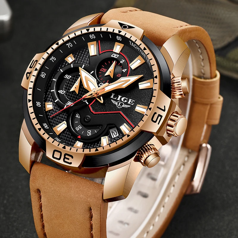 LIGE New Men Watches Top Brand Luxury Leather Quartz Clock Male Sport Waterproof Fashion Gift Gold Watch Relogio Masculino | Наручные