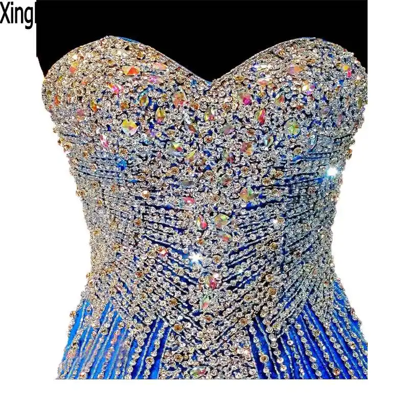 Vestido Longo, ярко-синий тюль, длинное платье, вечерние, серебряные, украшенные бисером, кристаллы, элегантные, на заказ, вечерние платья для выпускного вечера