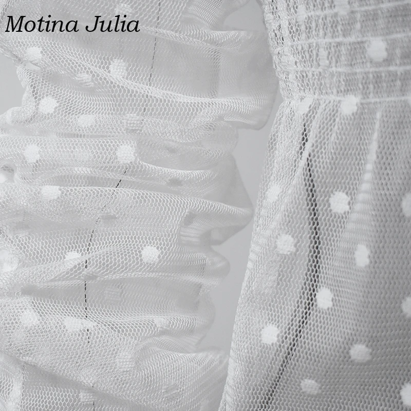 Motina Julia sexy see through lace blouses shirt women v neck dot mesh blusas female party clubwear tops |