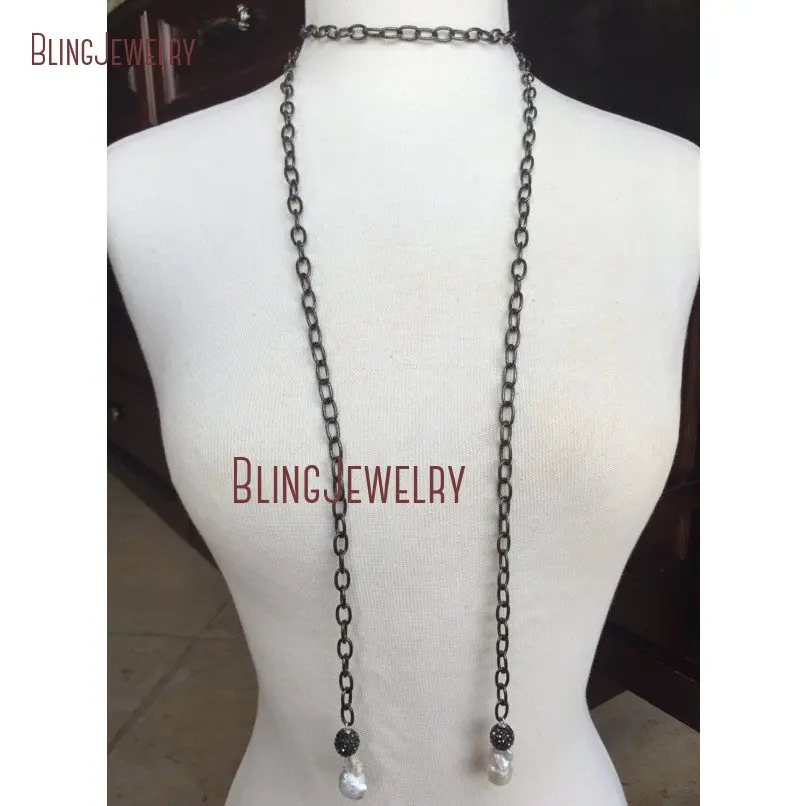 White Freshwater Baroque Pearl Necklace Gunmetal Pave Crystal Ball on Chain Lariat NM18365 | Украшения и аксессуары