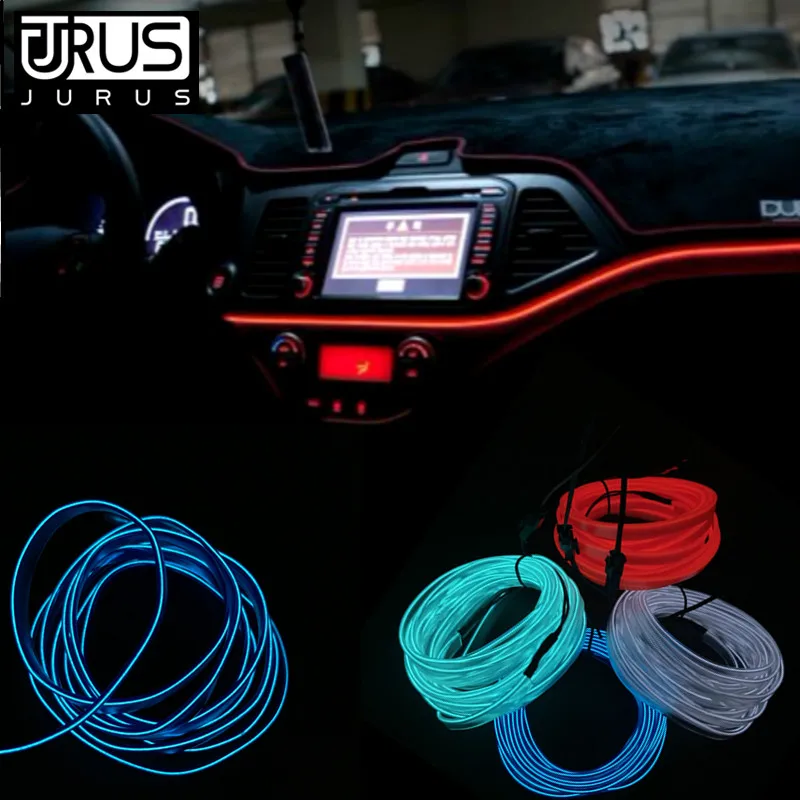 JURUS 3/5 метров гибкий автомобильный неоновый холодный светильник EL Wire 12V ленты аксессуары для украшения интерьера светодиодные полосы для автомобиля