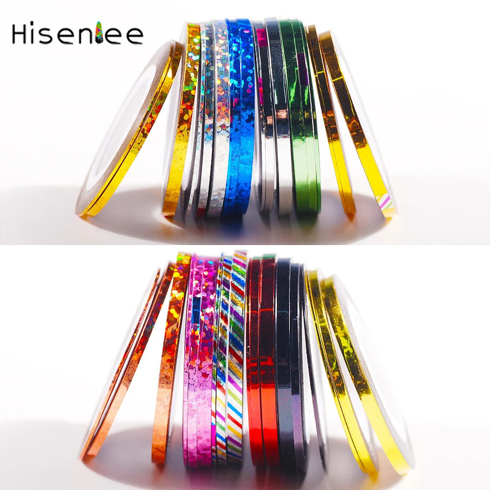 Hisenlee 3 рулонов 1 мм 2 мм 3 мм Nail Art Блеск съемная лента для линии, полосы инструменты для украшения ногтей клей наклейки для маникюра