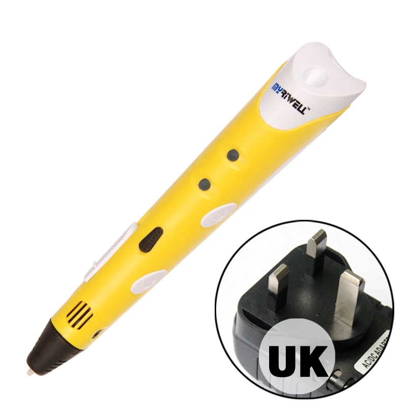 Myriwell 3d печать pen1.75 мм ABS Смарт 3D Ручка для рисования+ нить+ адаптер креативный подарок для детей дизайн живопись - Цвет: Yellow UK Adapter