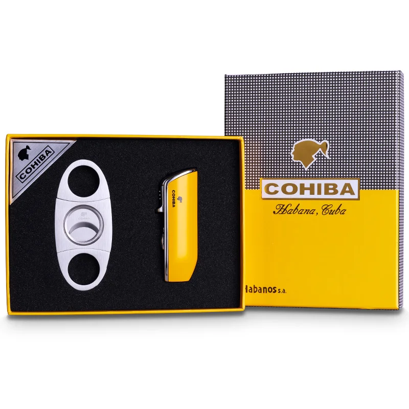 COHIBA ветрозащитная 3 фонарь Jet Flame бутан Газовая металлическая зажигалка с сигары резак подарочный набор CL-TZ009a