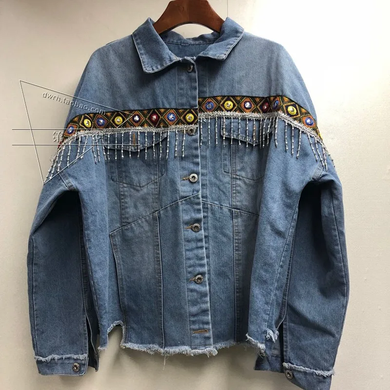 Cakucool джинсовая куртка Женская Осенняя винтажная Этническая аппликация Embroid верхняя одежда кисточки вышивка бисером свободное джинсовое пальто куртка для женщин