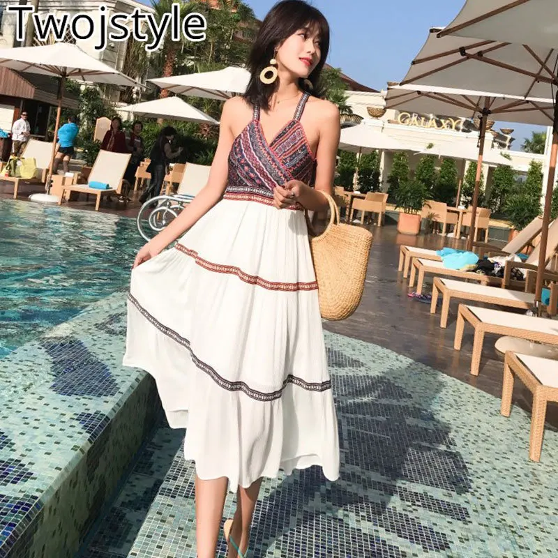 Twojstyle 2018 Лето Womem Пляж Спагетти ремень платье модные Высокая Талия Лоскутная V