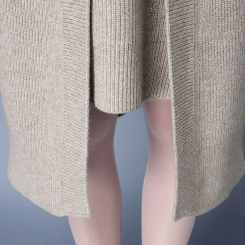 Осенне-зимнее женское платье-свитер с длинным рукавом вязаное шерстяное прямое