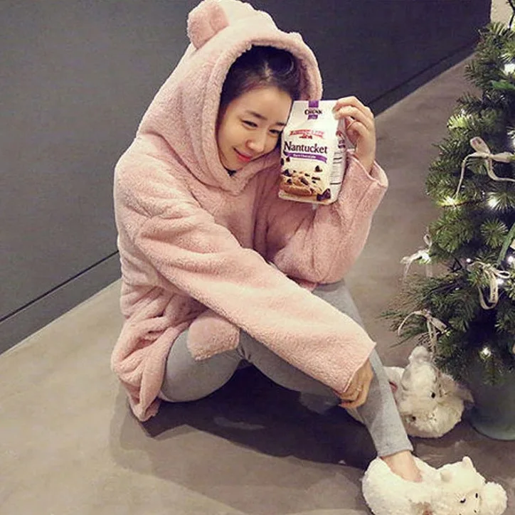 High Quality Women Cute Flannel Fleece Pajamas Sets Winter Long Sleeve Pyjamas Feminino For Hooded Sleepwear Homewear 811 | Женская