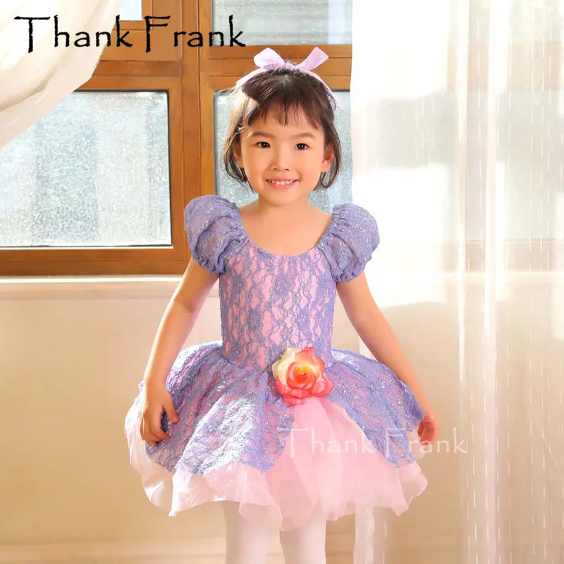 

New Lace Girls Ballet Dance Dress Women Puff Sleeve Flower Sweet Performance Costume Purple Elegant Princess Dresses C457