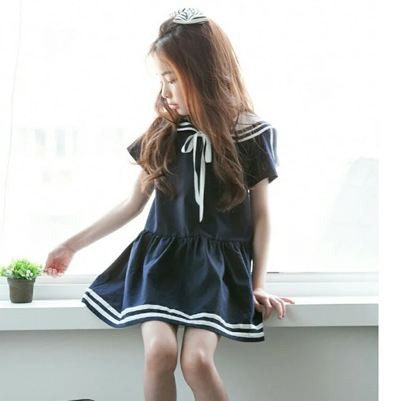 Preppy Girls Clothes Teen Dresses Summer Spring 2022 New Little Big Girl Sailor Collar A-line Dress For Kids White Blue | Детская одежда