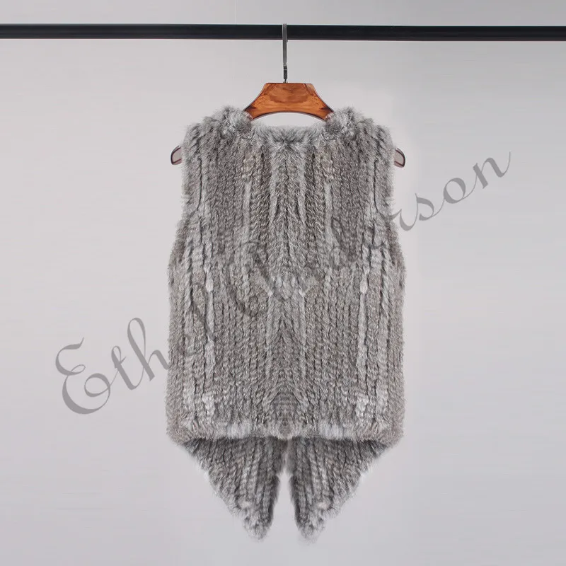 Womens Rabbit Fur Gilet Waistcoat Winter Knitted Rabbit Fur Vest Turn-down Collar Fashion Rabbit Fur Jacket Overcoat