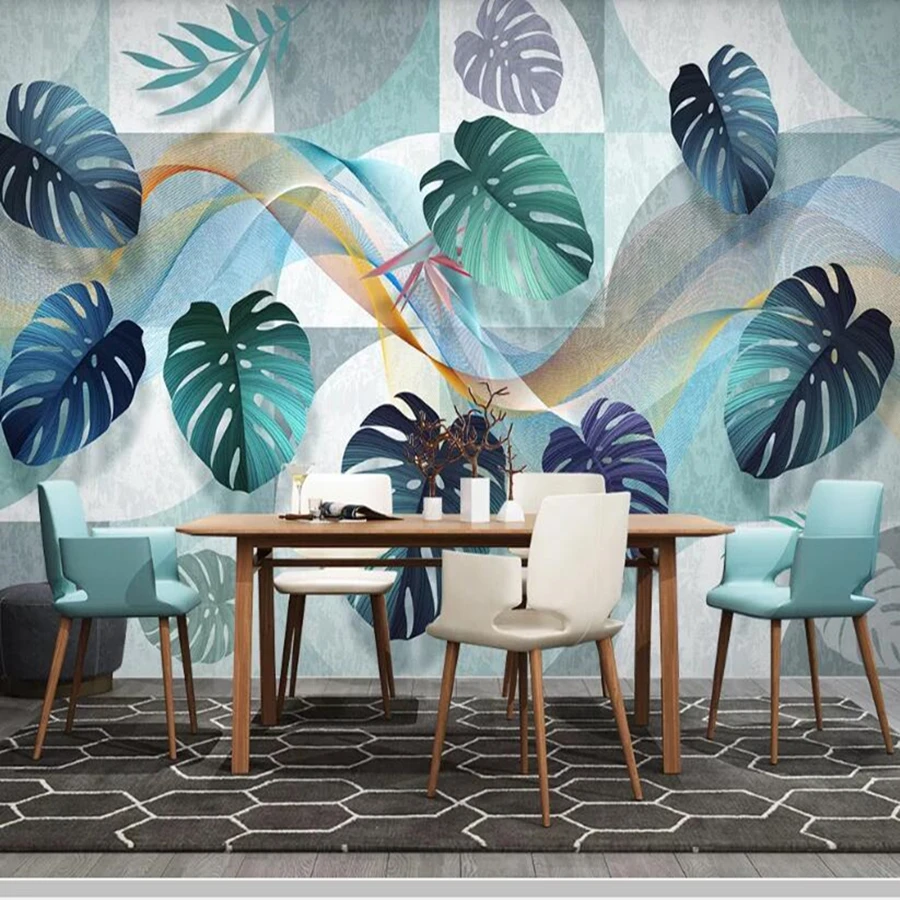 3D-обои с тропическими растениями Современные Геометрические обои листьями для