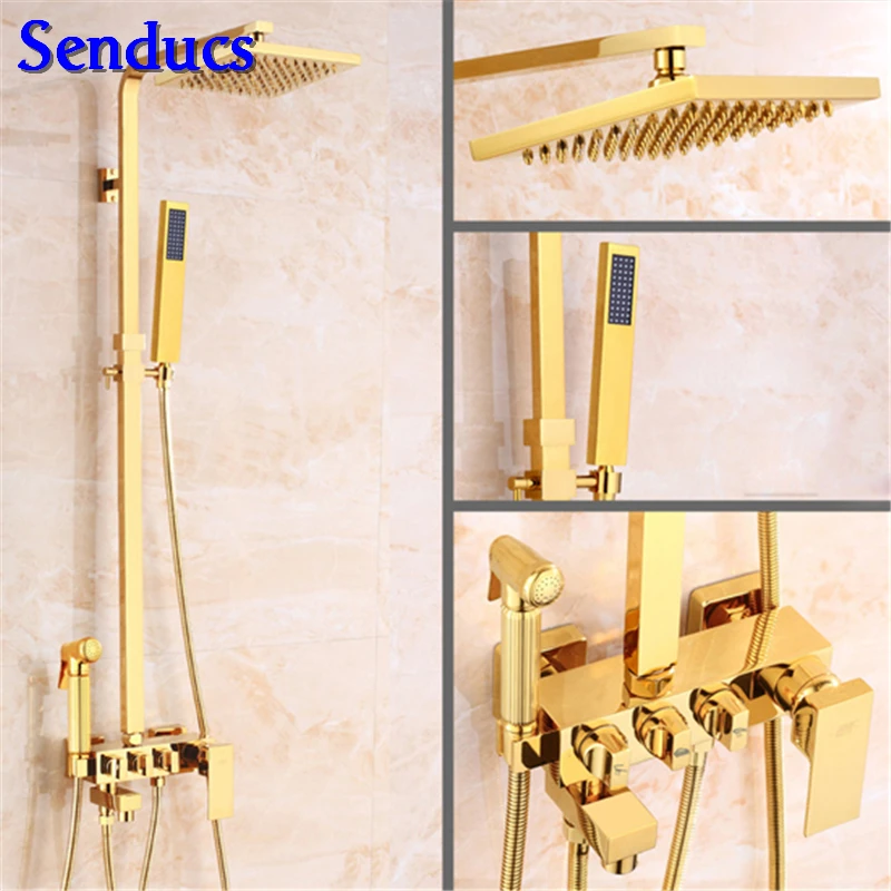 

Senducs Gold Shower Set with High Quality Brass Bathroom Shower System Square Shower Faucet Hot Sale Golden Shower Set