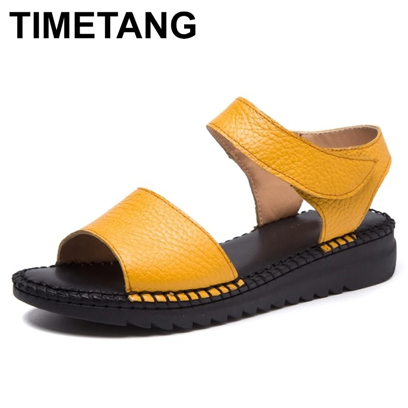

TIMETANG 2018 New Arrival Open Toe Women Sandals Summer Handmade Retro Soft Genuine Leather Women Flat Sandals Hook&Loop Shoes
