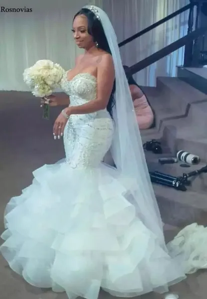 Luxury Mermaid Wedding Dresses 2020 Strapless Lace Up Back Sweep Train Beaded Crystal Plus Size Bridal Gowns Robe De Mariée | Свадьбы и
