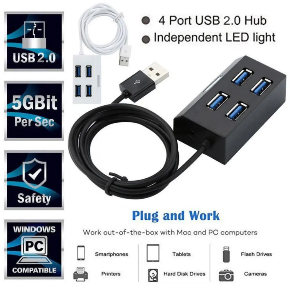Высокоскоростной 4 портовый мини концентратор USB 2 0 разветвитель адаптер для ПК