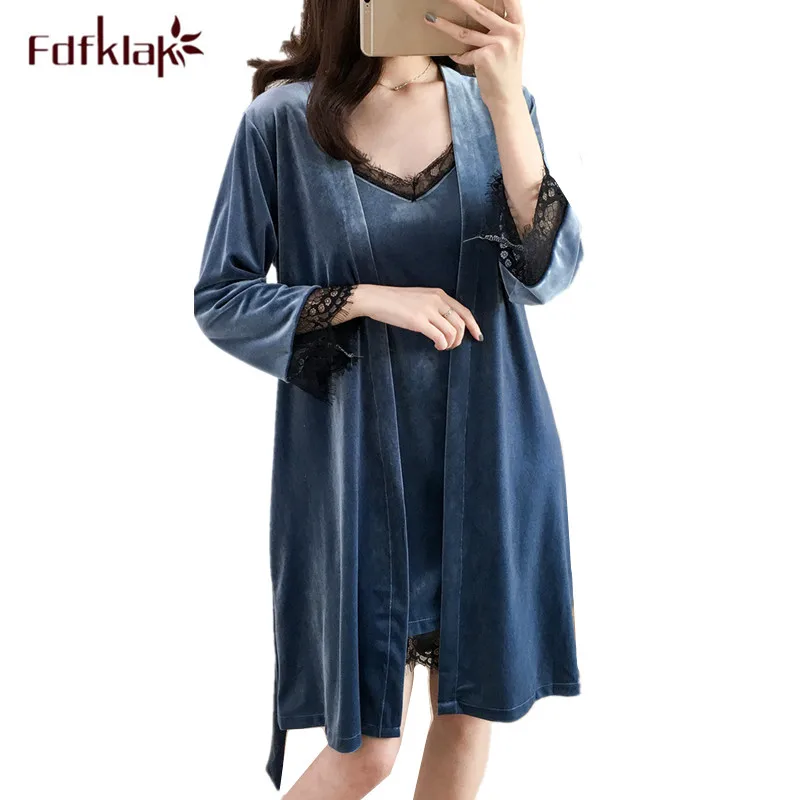 Халат женский осенне зимний с длинным рукавом и кружевом|Комплекты халатов