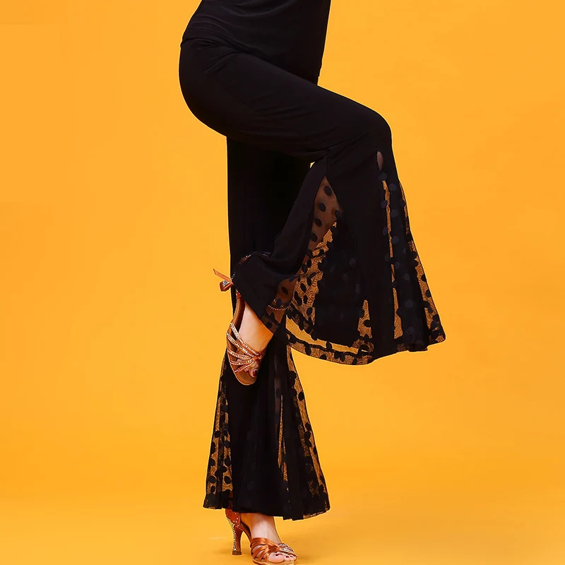 

2019 Black Gauze Modern Latin Dance Training Clothing Flared Trousers for Female/women/lady, Vogue Costume Performance Wears