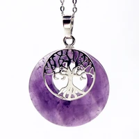 100 unique 1 pcs silver plated round hollow tree of life pendant natural purple amethysts necklace antique jewelry