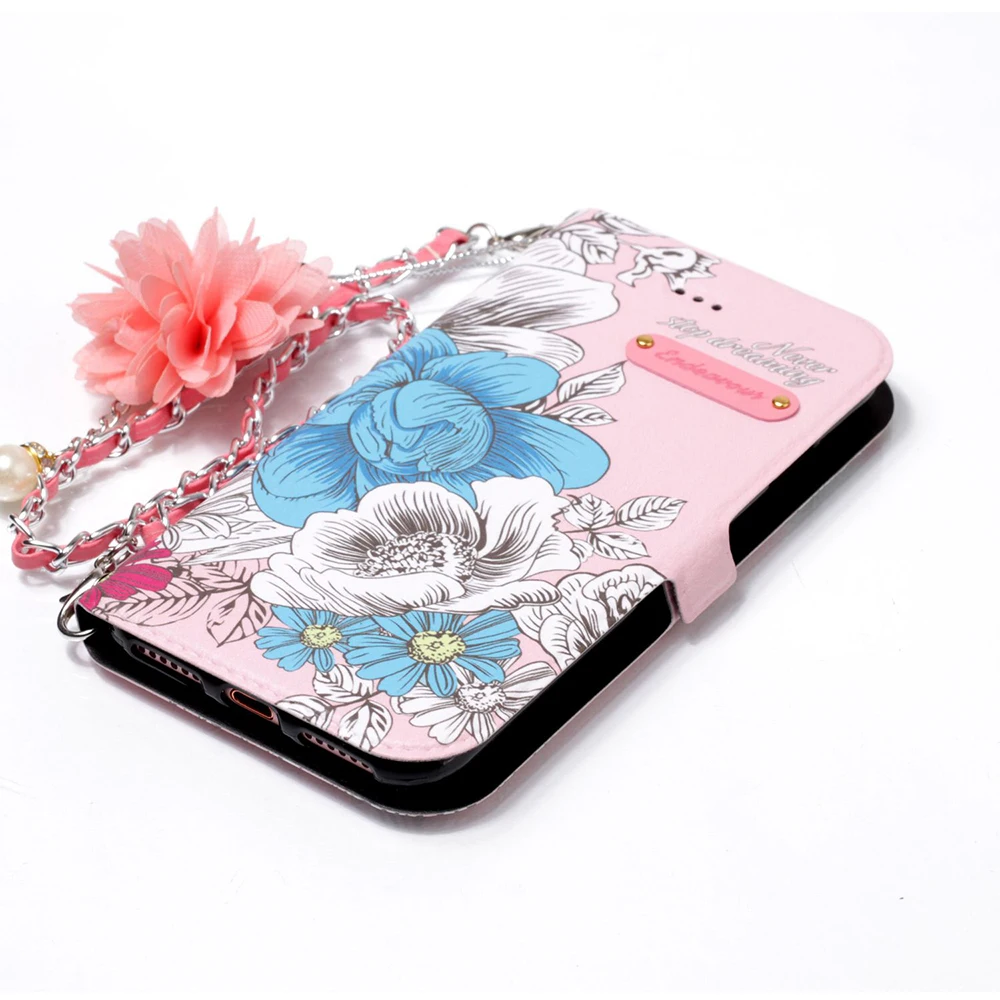 Flowers Flip Leather Case For iPhone 7 8 6 6S Plus Cover with Strap X 5S SE Flower Silicone Wallet Cute Girly | Мобильные телефоны