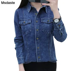 Рубашка джинсовая женская с длинным рукавом, топ в винтажном стиле, стрейчевая Повседневная хлопковая блузка, осень 2019