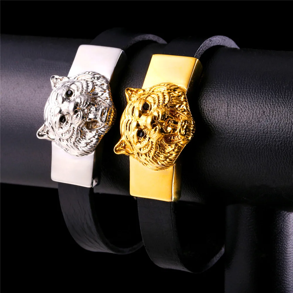 Мужской браслет из натуральной кожи с подвесками тигра нержавеющей стали