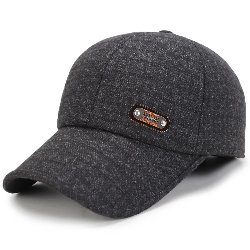 Fibonacci Men's Winter Ear Flap Warm Plaid Baseball Caps Middle Aged Old Age Warmer Hat for Men Dad Cap - Цвет: Серый