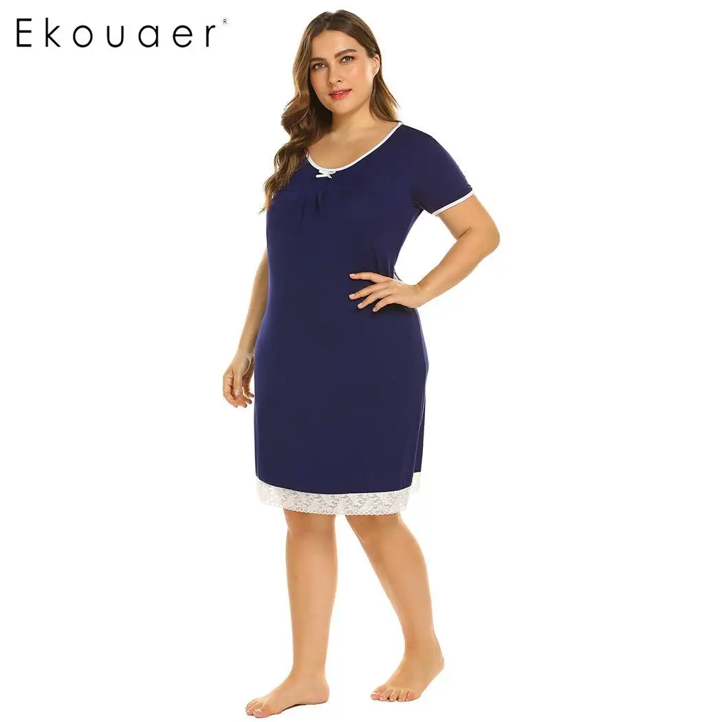 Ekouaer сорочка, ночная рубашка, больше размера, платье для сна, Женское ночное белье, короткий рукав, кружевная отделка, o-образный вырез, ночная рубашка размера плюс 5XL