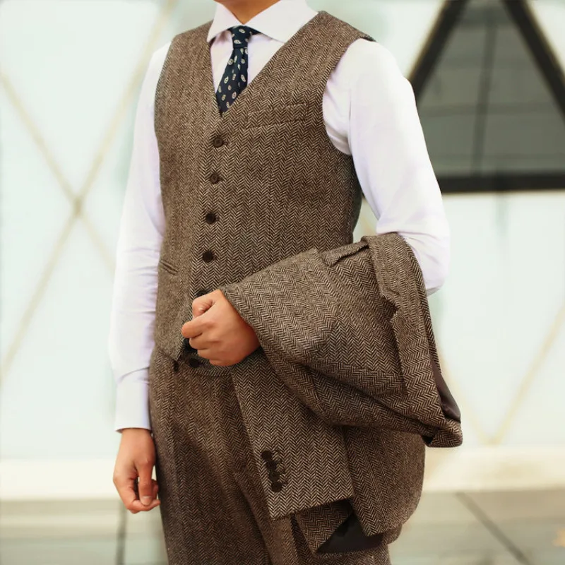 khaki 3 pieces На заказ, высокое качество, шерстяные мужские костюмы с жилетом и штанами, индивидуальные мужские жилеты в елочку, Мужская одежда, 3 штуки - Цвет: khaki 3 pieces