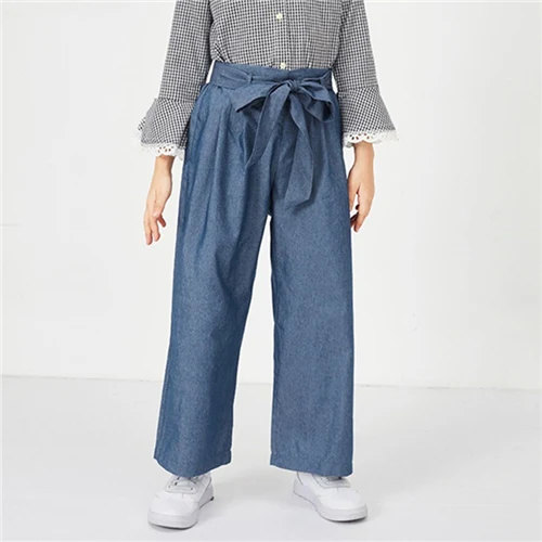 Синий SHEIN Kiddie Blue/Элегантные штаны с эластичной резинкой на талии и поясом для девочек; коллекция года; сезон весна; Модные Винтажные брюки; брюки для девочек; детская одежда - Цвет: Синий