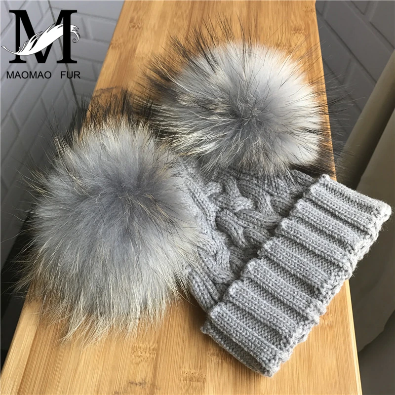 Милая шапка с помпоном из натурального меха для детей зимние вязаные шапочки