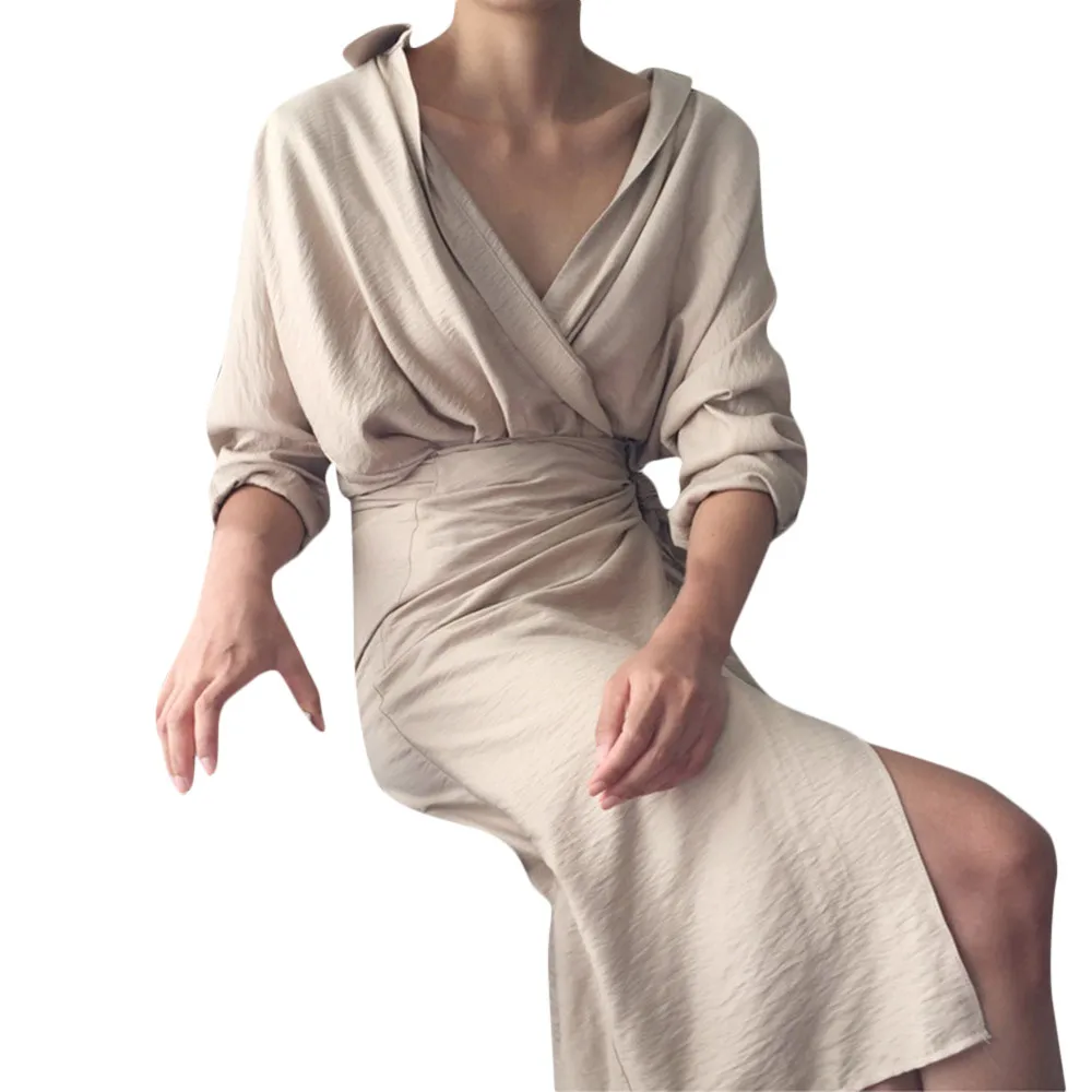 Новое модное женское повседневное однотонное сексуальное платье с v-образным