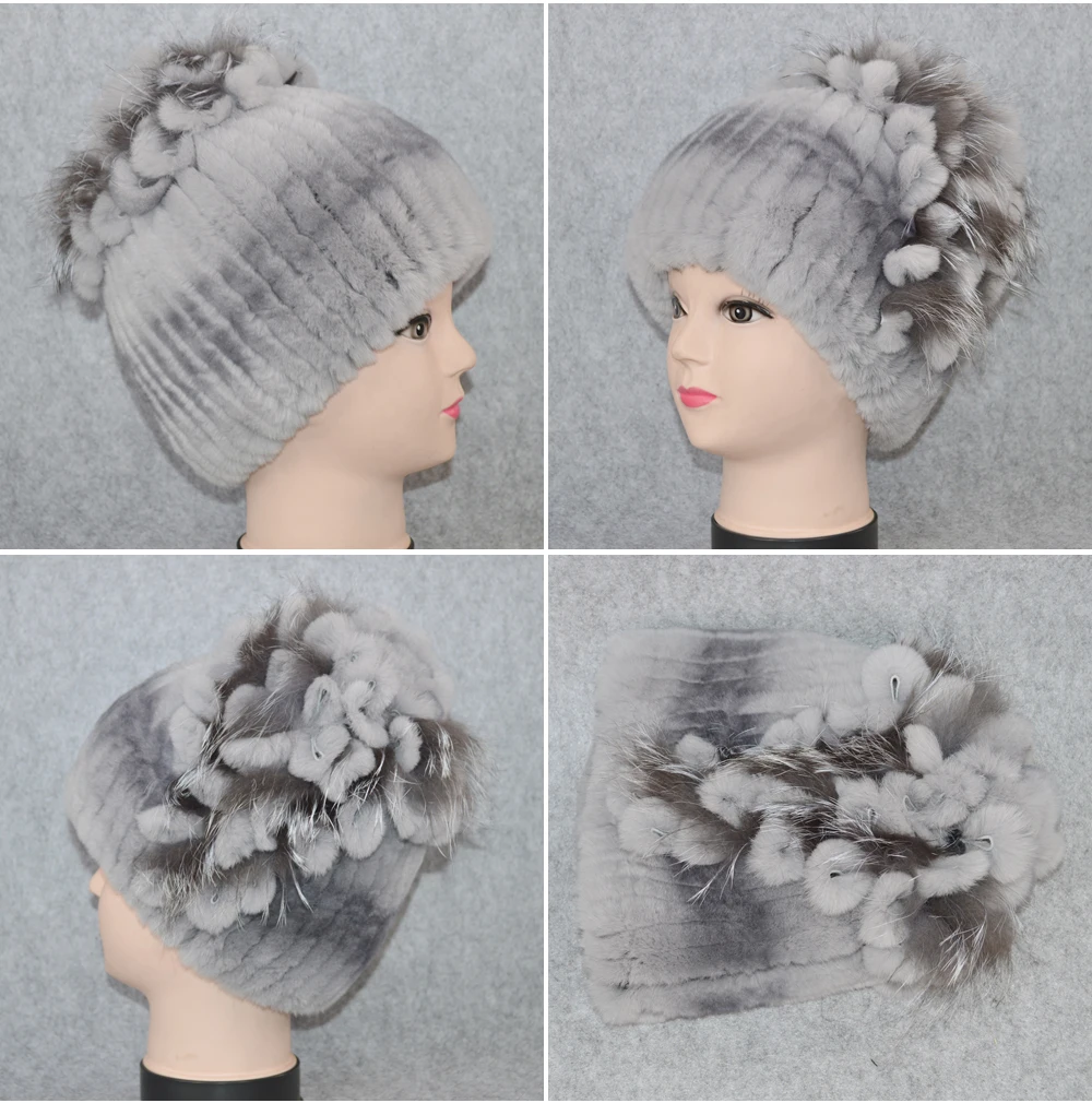 Новые женские шапки Настоящий мех кролика Skullies, роскошные эластичные вязаные цветочные шапки из натурального меха кролика Рекс, зимние шапки из натурального меха