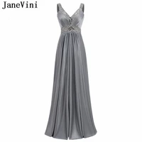 janevini a line satin mother of the bride dresses sexy deep v neck sleeveless charming gray sequined crystal evening party gowns