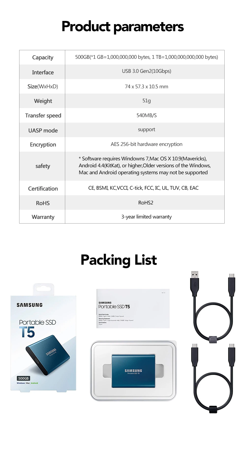 SAMSUNG Внешний SSD T5 USB3.1 USB3.0 250GB 500GB 1 ТБ жесткий диск внешний твердотельный накопитель HDD настольный ноутбук ПК диско Дуро