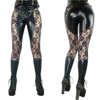 2017 women sexy lace up club pu leggings mit lace panel high quality faux leather pencil rock punk steampunk pants
