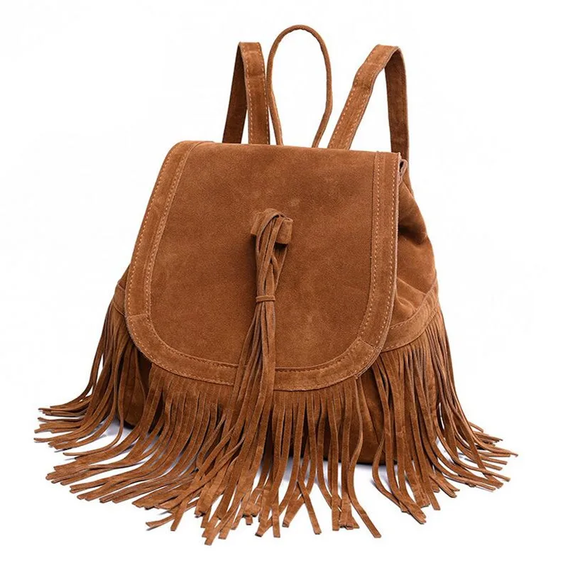 

BARHEE European Fashion Vintage Tassels Women Backpack Faux Suede Leather Women Shoulder School Bag for Teenager Girls Casual