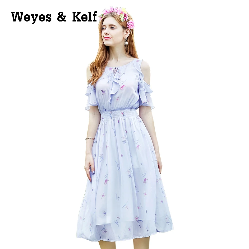 Weyes и кепф сладкий с плеча Цветочный принт летнее платье 2017 элегантные шифоновое