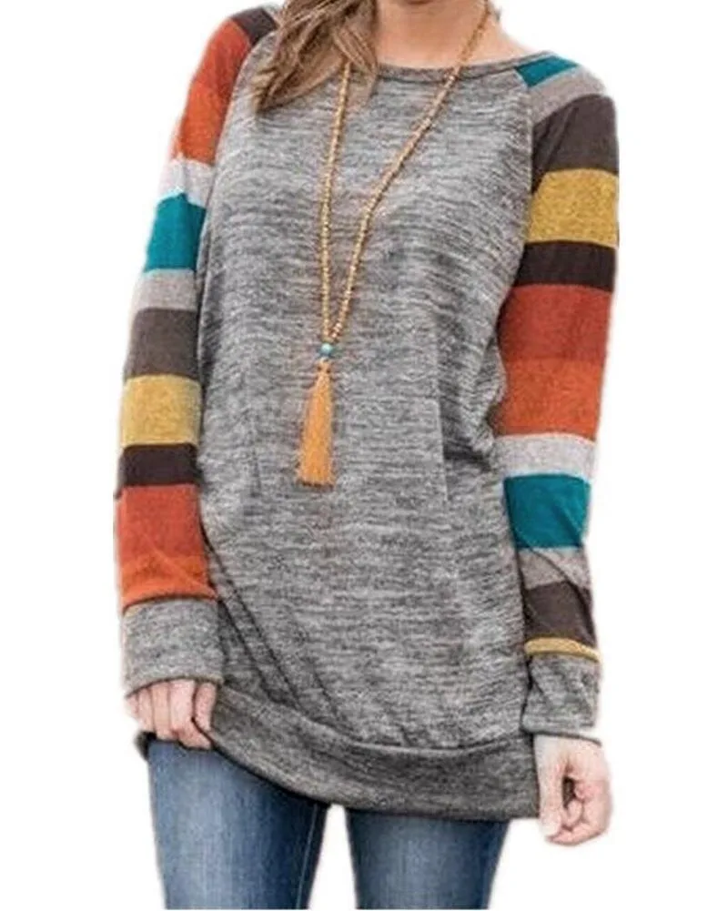 Женская свободная Трикотажная хлопковая туника в разноцветную полоску с длинным